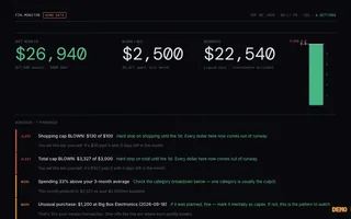 Thumbnail of the finance dashboard on demo data: three large totals above a list of advisor findings.