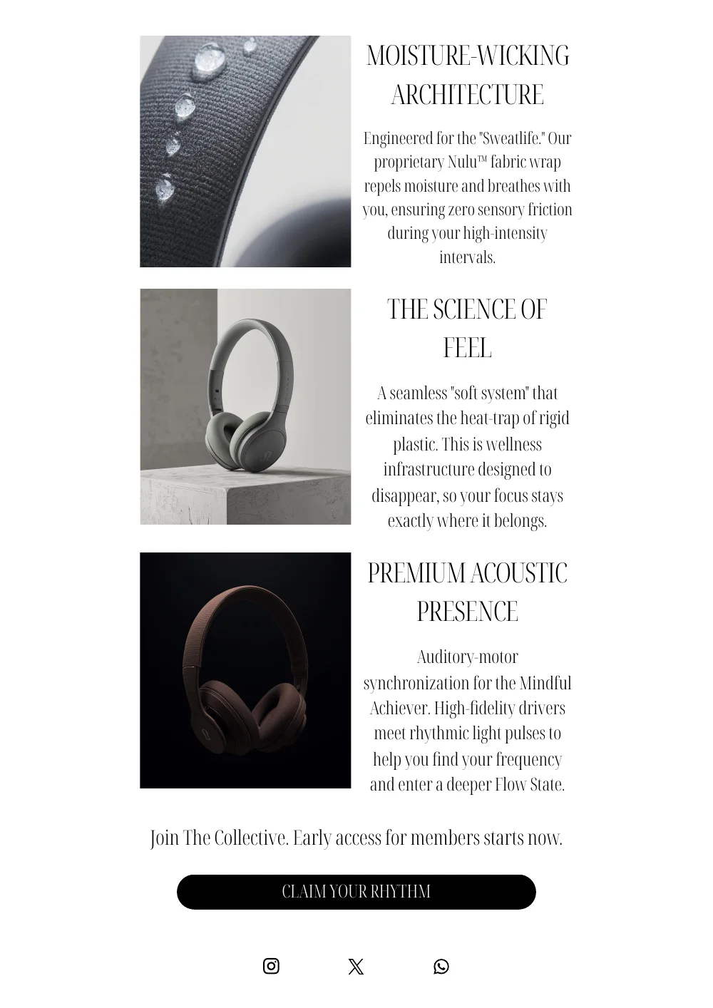 The rest of the launch email: three product mock-ups, each beside a short section headed Moisture-wicking architecture, The science of feel and Premium acoustic presence, then the line 'Join The Collective. Early access for members starts now.' above a Claim your rhythm button.