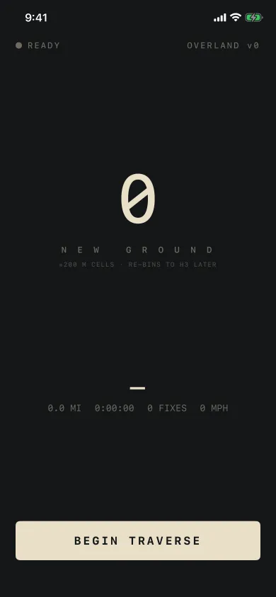 The native SwiftUI recorder in the iOS Simulator, ready to record: zero new ground and a Begin traverse button.