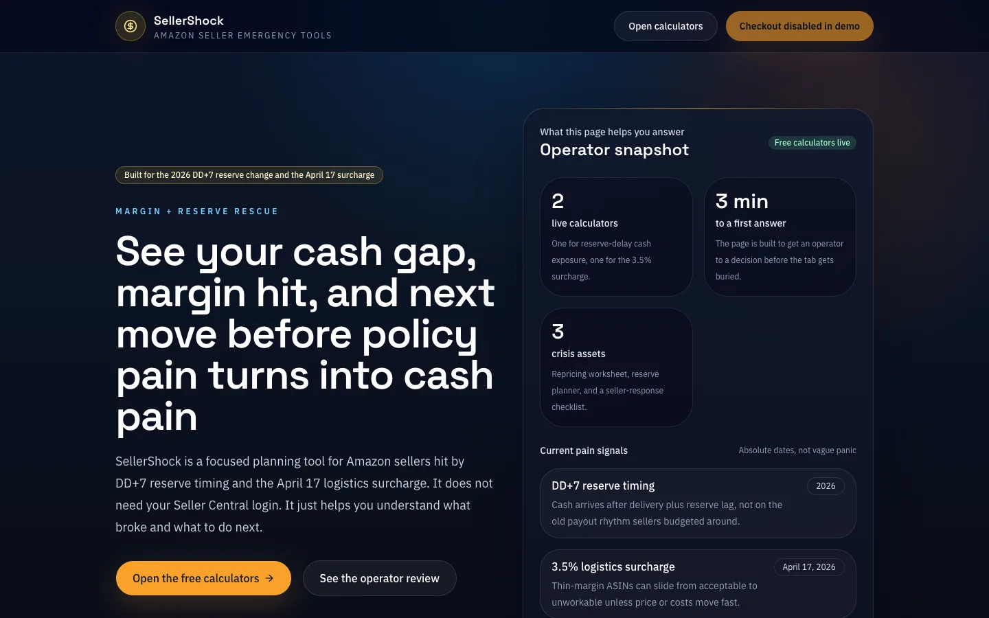 SellerShock landing page on desktop: the headline 'See your cash gap, margin hit, and next move before policy pain turns into cash pain', an operator snapshot panel with the two policy dates, and a header button reading 'Checkout disabled in demo'.
