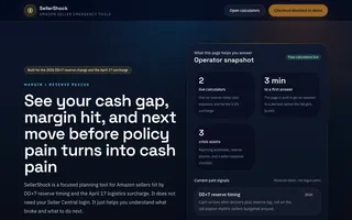 Thumbnail of the SellerShock calculators on a dark page, with the DD+7 cash gap planner's inputs and results.