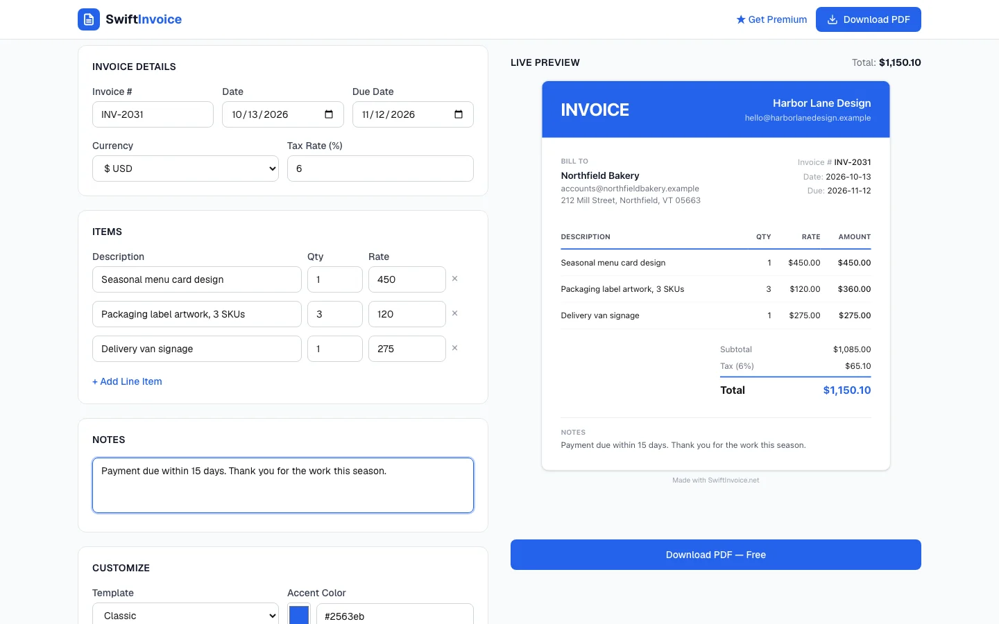 The Classic template applied to the same invoice, with a dark blue header band behind the sender's name.