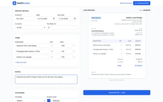 Thumbnail of the SwiftInvoice generator, a form beside a live invoice preview.